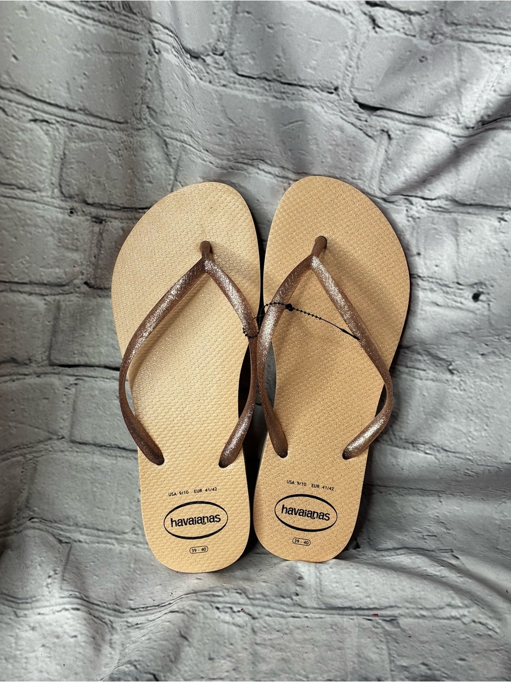 Havaianas Slim Sparkle Blush Rose Gold Thong Flip Flop Summer Sandals 9/10 EUC
